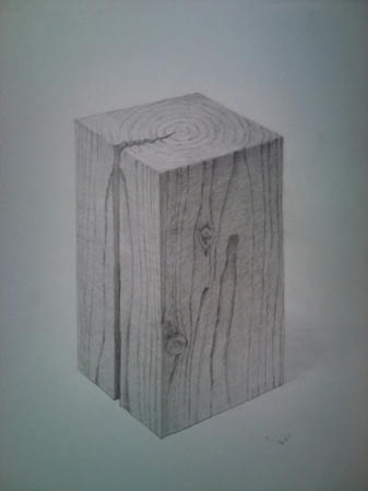 木目のくっきり見える四角柱の木片の塊を立置きし、画用紙に三菱鉛筆でデッサンし、完成したものを正面から撮影した写真。木片には年輪がある。a wooden block